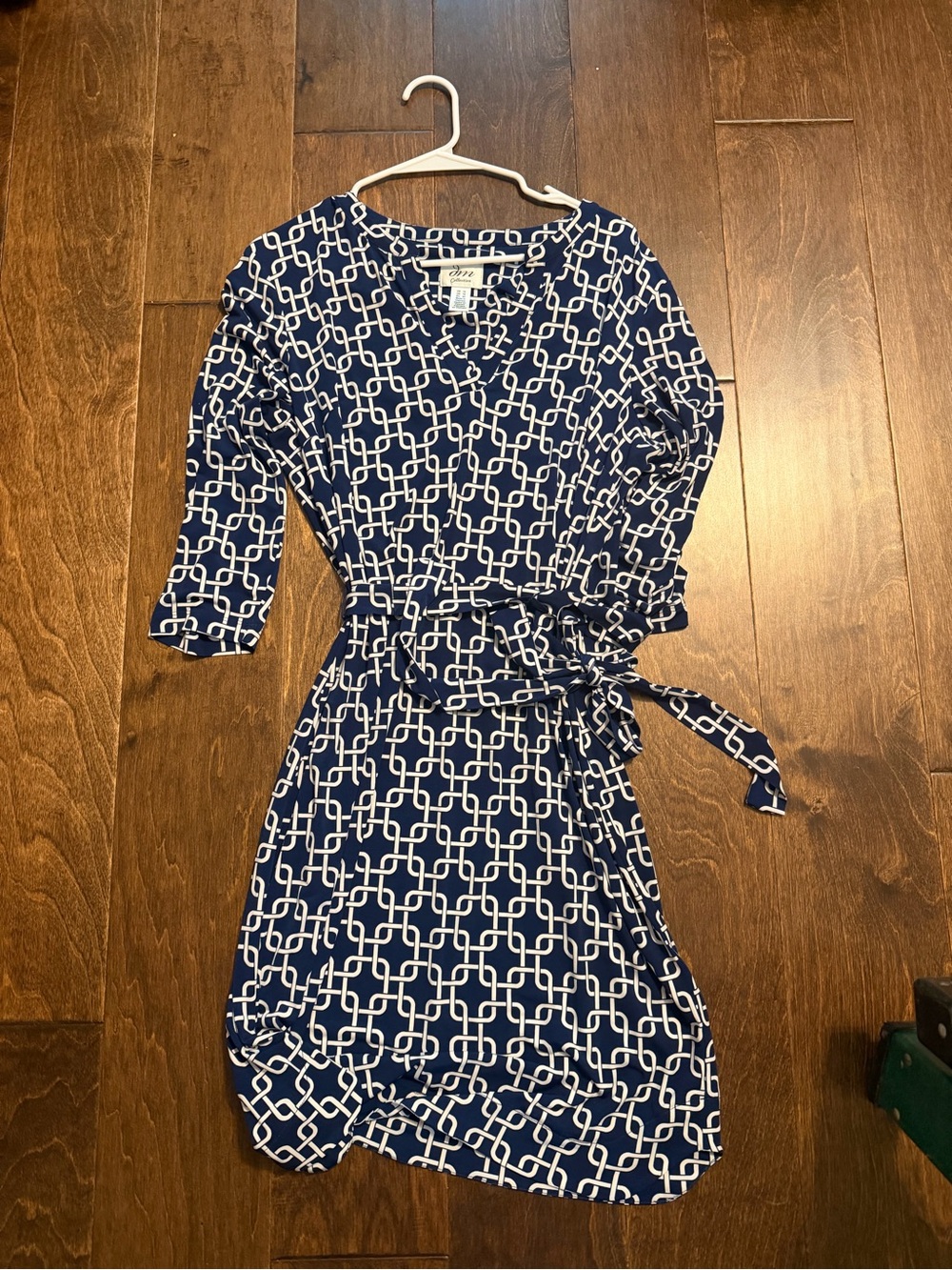 DM Collection Blue Geometric Wrap Midi Dress with Self-Tie Waist